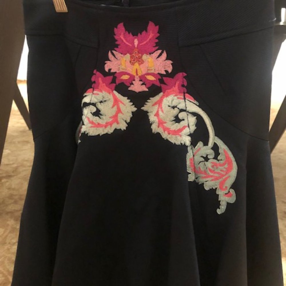 ZAC by Zac Posen EMBROIDERED navy blue A-line pleated knee-length skirt, NEW,